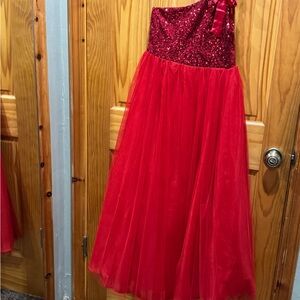 Red Sequin and Tulle One Shoulder Gown